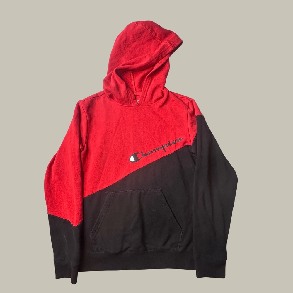 Champion Hoodie Boys XL Colorblock Red Black Script Logo Fleece Pullover Kids